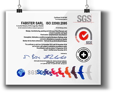 CERTIFICATION ISO 22000 AROMES ET COLORANTS FABSTER 